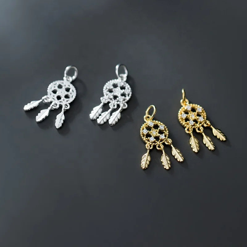 New Fashion Jewelry 925 Sterling Silver Gold Plated Dream Catcher Feather Zircon Pendant for Jewelry Making Charms