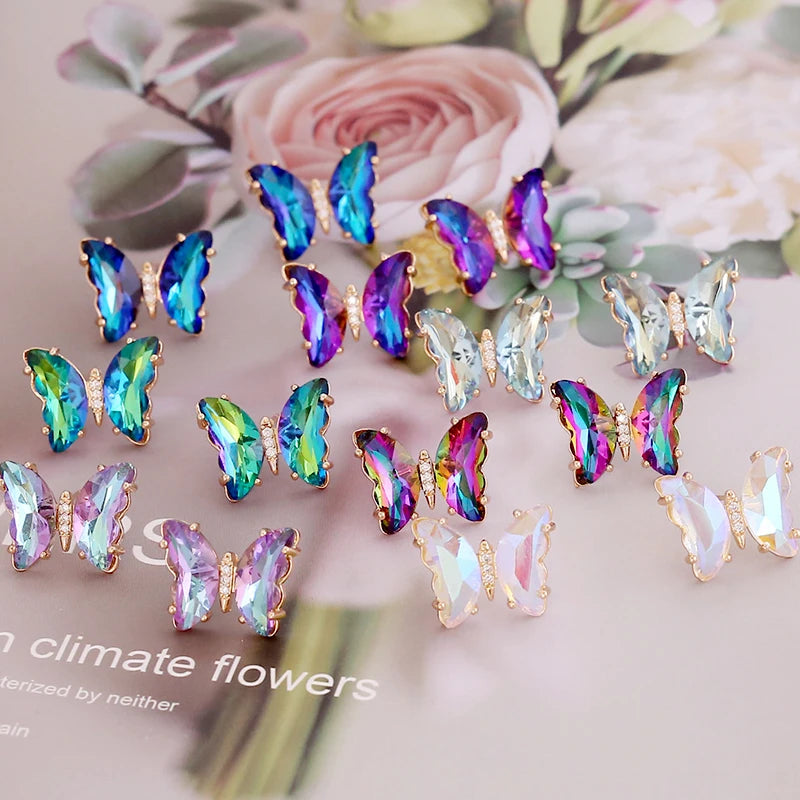 Wholesale Elegant Female Gift 925 Silver Nail  AB Crystal Colorful Glass Rhinestone Butterfly Stud Earring Jewelry for Women