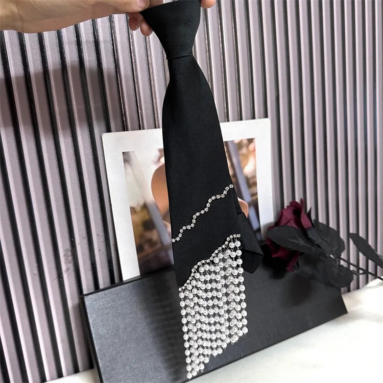 Original Homemade Korean Style Tie for Women Lazy Knot-Free Matching Tassel New Design Rhinestone Pearl for Shirt Accessories