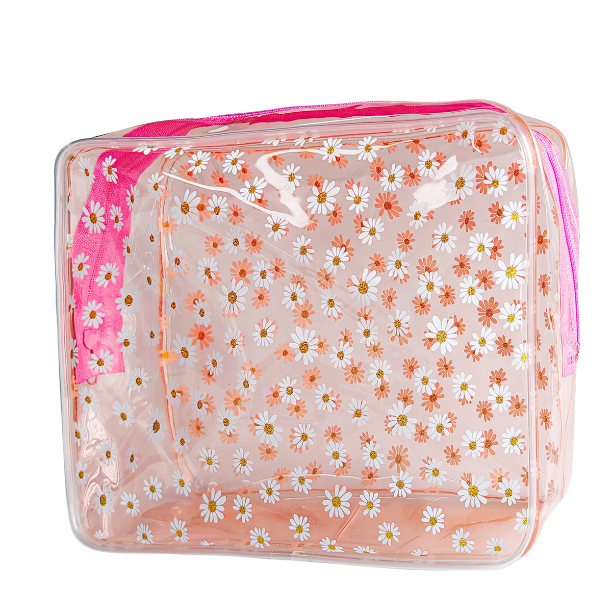 Custom Logo Portable Waterproof Daisy Transparent PVC Makeup Bag Travel Clear PVC Wash Toiletry Cosmetic Bag