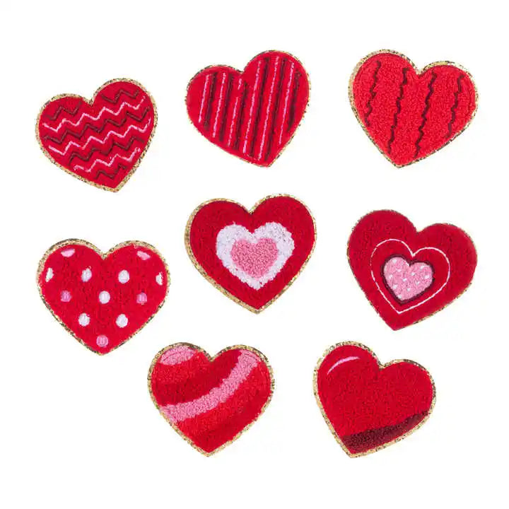 New Lovely Gold Glitter Nonwoven Felt Red Color Embroidered Handmade Heart Patches Iron-On for Clothes Bags