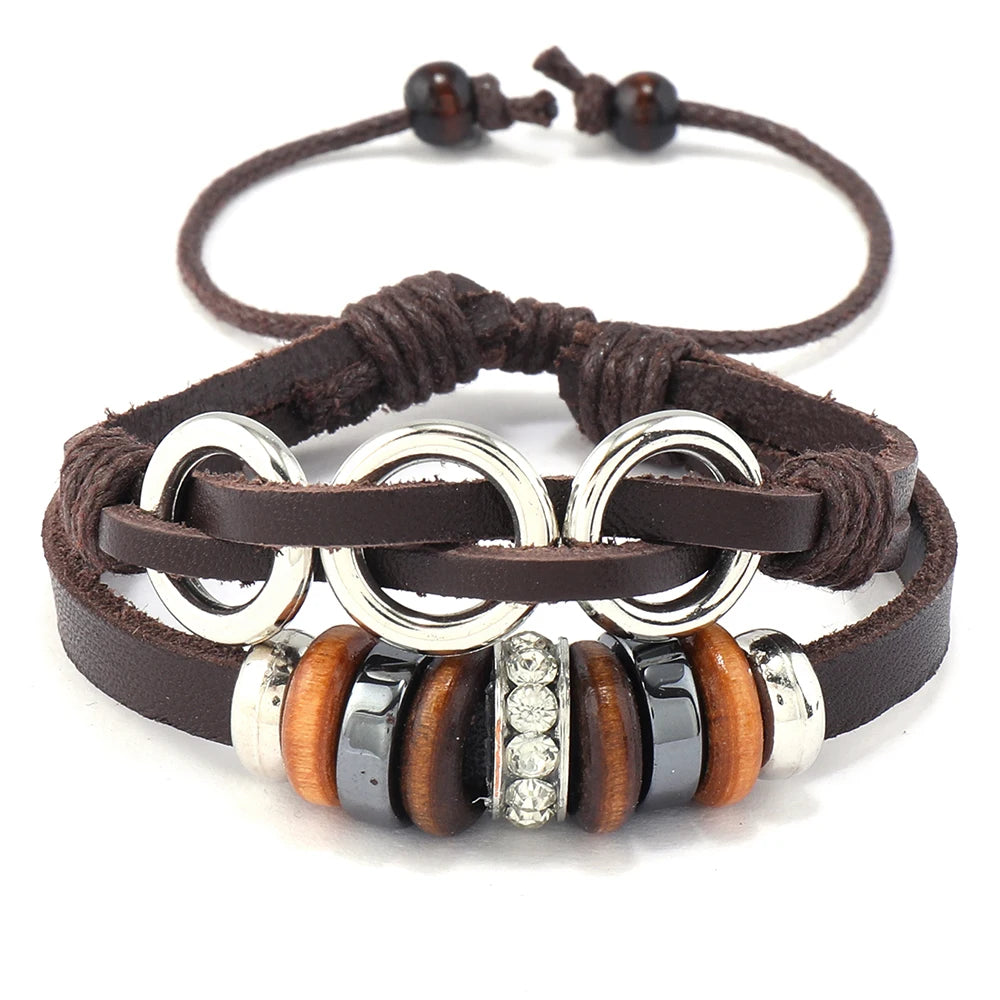 Wholesale Genuine Leather Double Layer Braided Peace Jewelry Bracelet Fashion Charm for Men and Women
