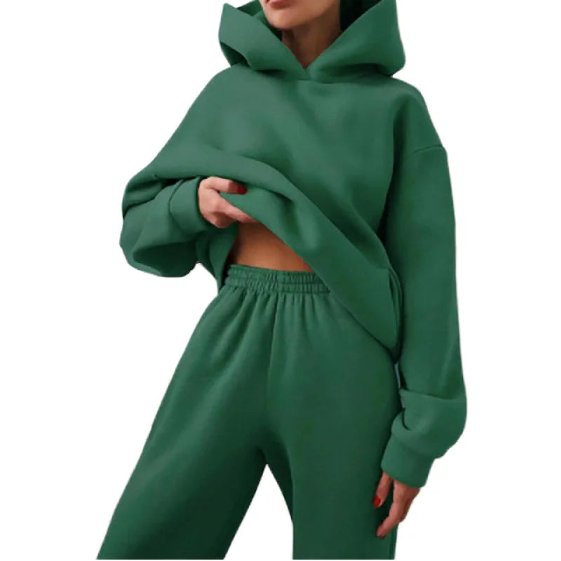 Custom Logo Loose Plush Thick Women's Hoodie Sporty Casual Fashionable Solid Hooded Sweatshirt Suit Jogger Plain Women'S Sets