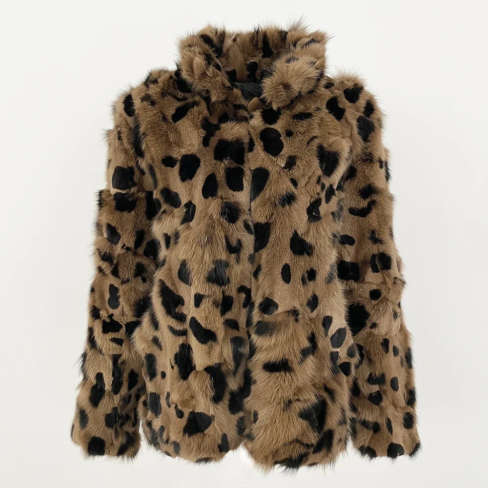 OFTBUY 2024 Winter Fashion Customizable Women's Thick Warm One-Piece Genuine Fur Coat Leopard Print Natural Fox Polyester Woven