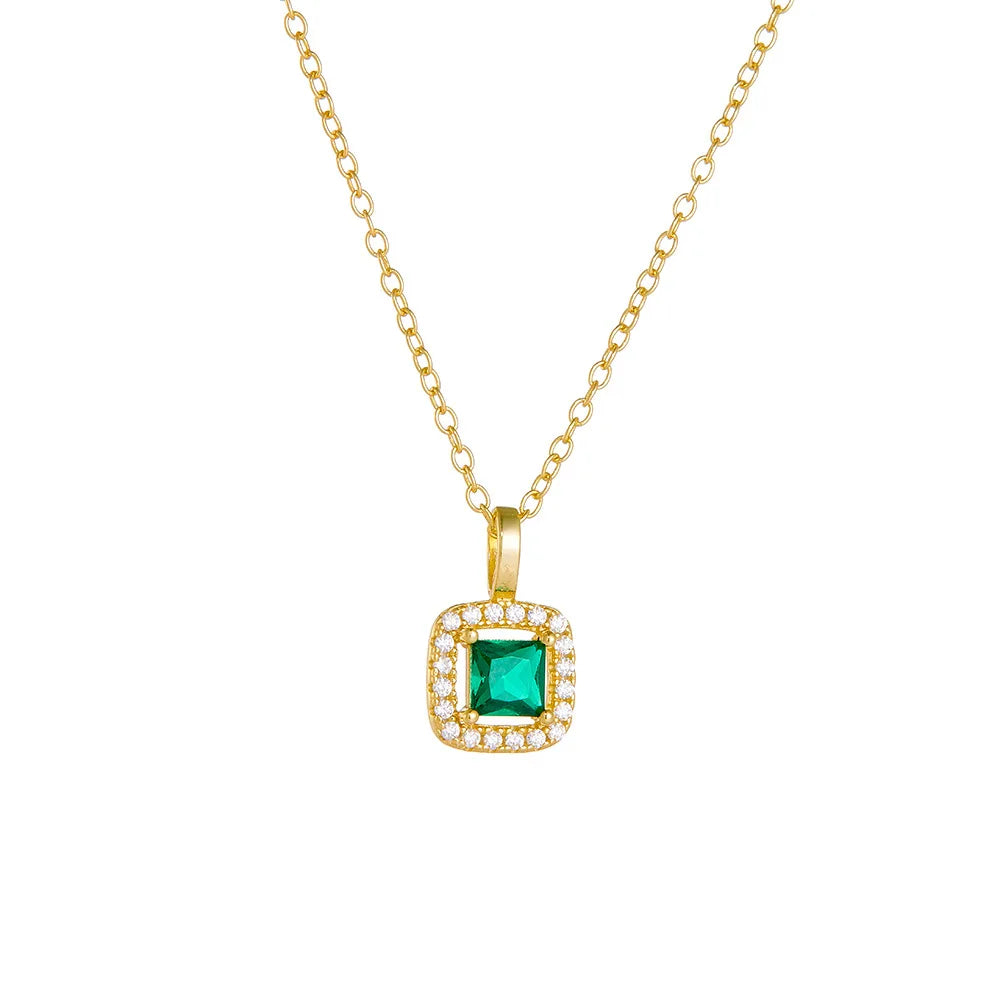 Fashion 925 Silver Jewelry Wholesale Sterling Silver Necklace square Emerald Diamond Green Zircon Gold Plated Necklaces Women