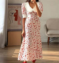 Back Belted High Waist Short Sleeve Long Dress Casual Evening Party Summer Ladies Clothes Floral Elegant Women's Dresses