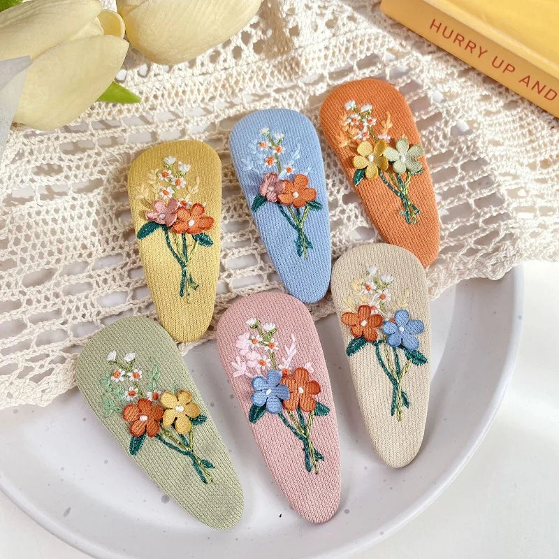 MIO 2pcs/sets Kids Embroidery Flower Hair Clips Candy Color 7cm Bb Clip Sets Handmade Girls Hairpin Children Hair Accessories