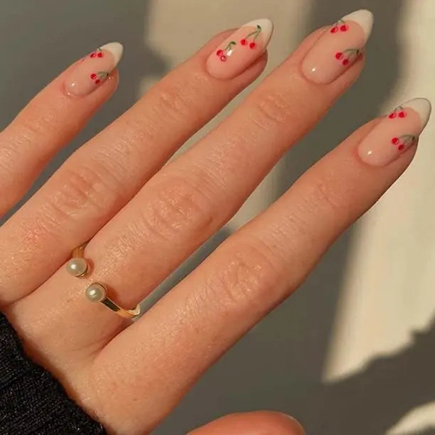White French Cherry Stiletto Nail Art Tips Wholesale Almond Press on Nails for 24-piece Boxed Set of Nails