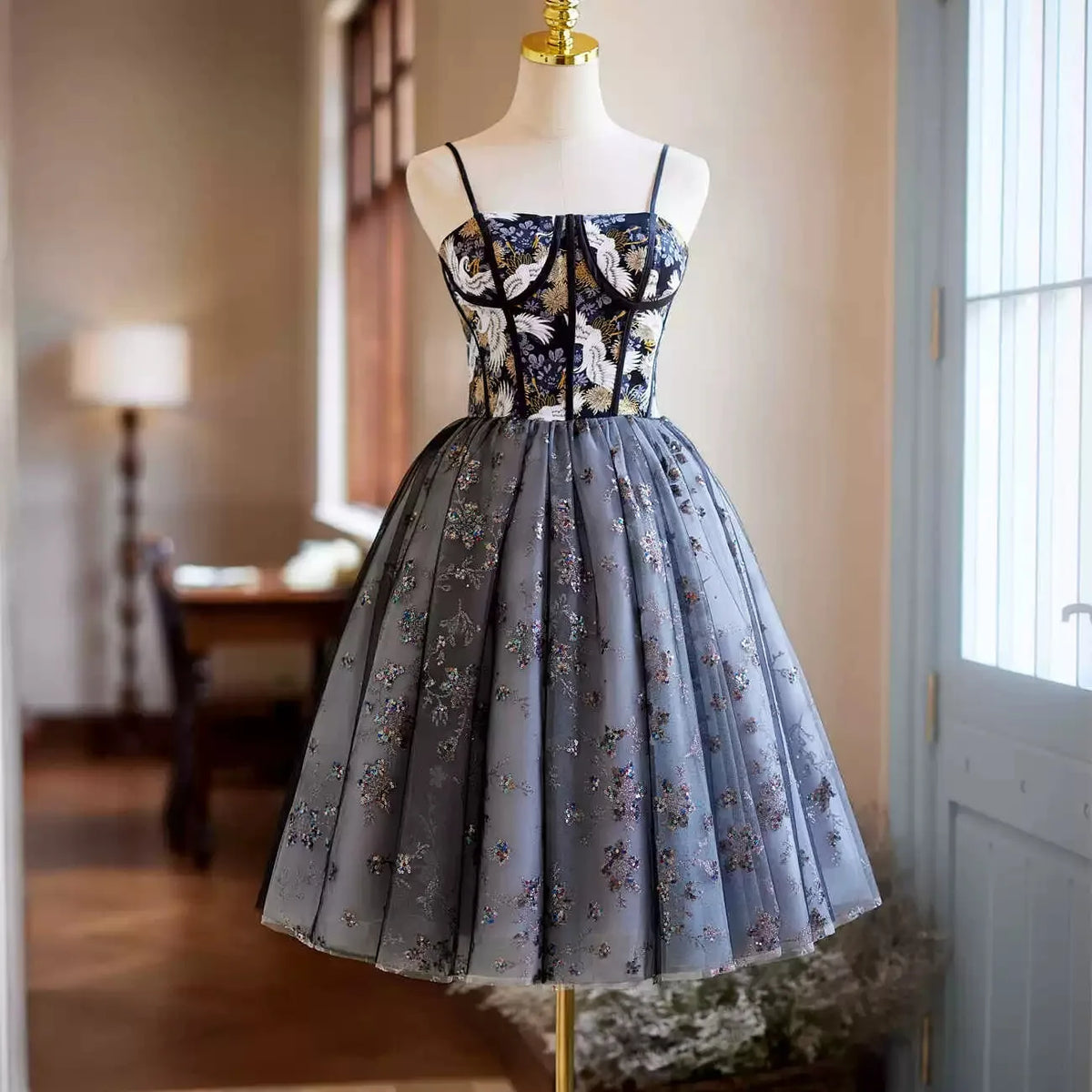 Black Tulle Sequins Embroidery Spaghetti Straps Evening Dresses Homecoming Prom Dress MegaBDM