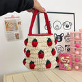 Handmade Crochet Strawberry Decor Bucket Handbags Set - 3D Fruit Embellished Knit Handbag for Children