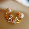 Double Zircon Wrapped Stud Earrings 18K Gold Plated Silver Needle Hypoallergenic 7-8MM White AAAA Freshwater Pearl Earrings