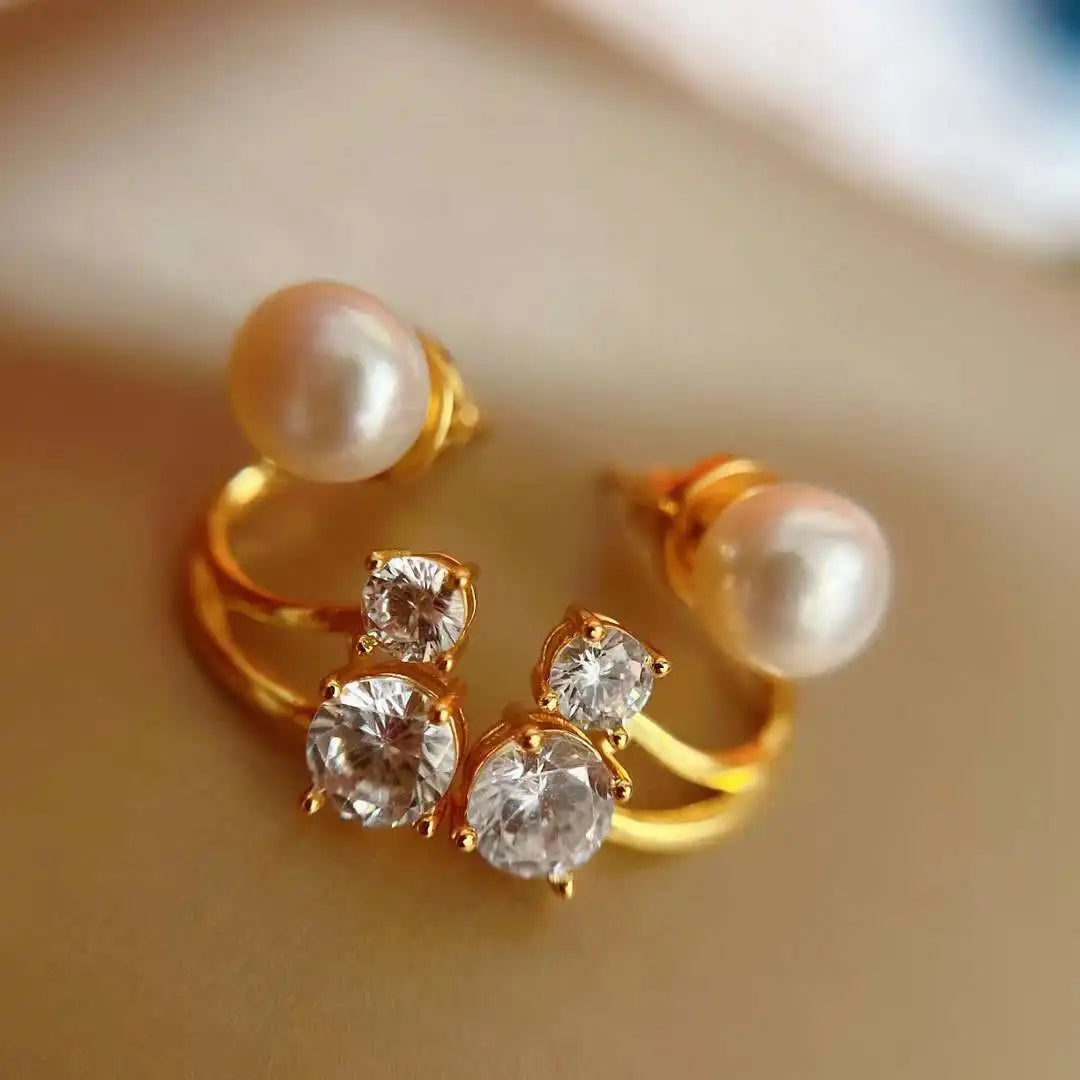 Double Zircon Wrapped Stud Earrings 18K Gold Plated Silver Needle Hypoallergenic 7-8MM White AAAA Freshwater Pearl Earrings