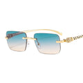 Unisex Vintage Leopard Rectangle Sunglasses with Rimless Metal-PC Frame Luxury Retro Sun Glasses with Leopard Head for Men Women