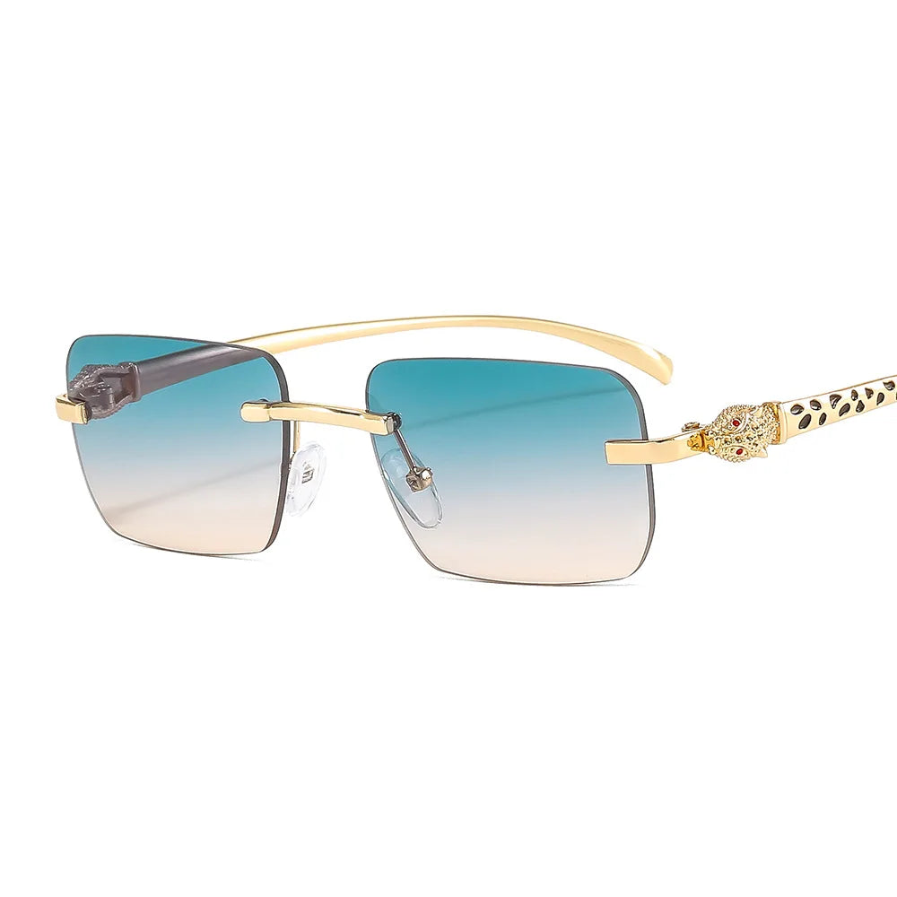 Unisex Vintage Leopard Rectangle Sunglasses with Rimless Metal-PC Frame Luxury Retro Sun Glasses with Leopard Head for Men Women