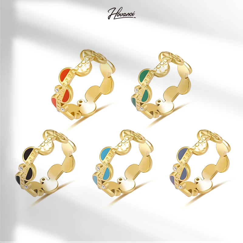 HOVANCI Vintage Gold Plated Oil Dripping Ring Geometric Shaped Stainless Steel Insert Zircon Women Finger Ring