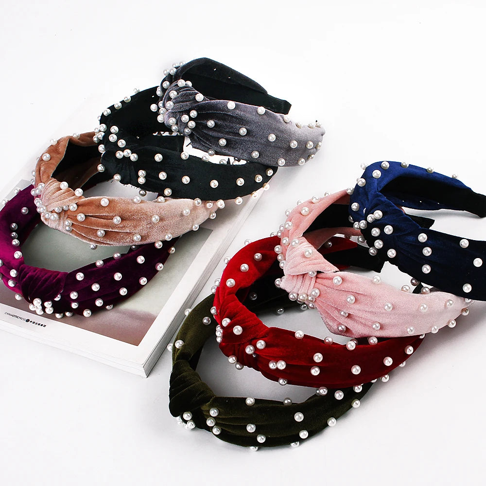 QIYUE Fashion Velvet Hairband Wholesale Women Luxury Hair Band Hair Accessories Pearl Headband