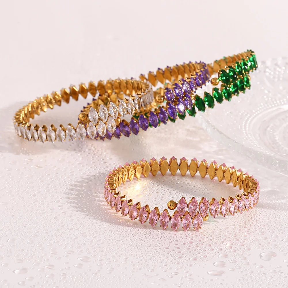 Dreamshow Adjustable Baguette Bracelet Colorful Shining Zircon Bracelet Stainless Steel Bangle for Women