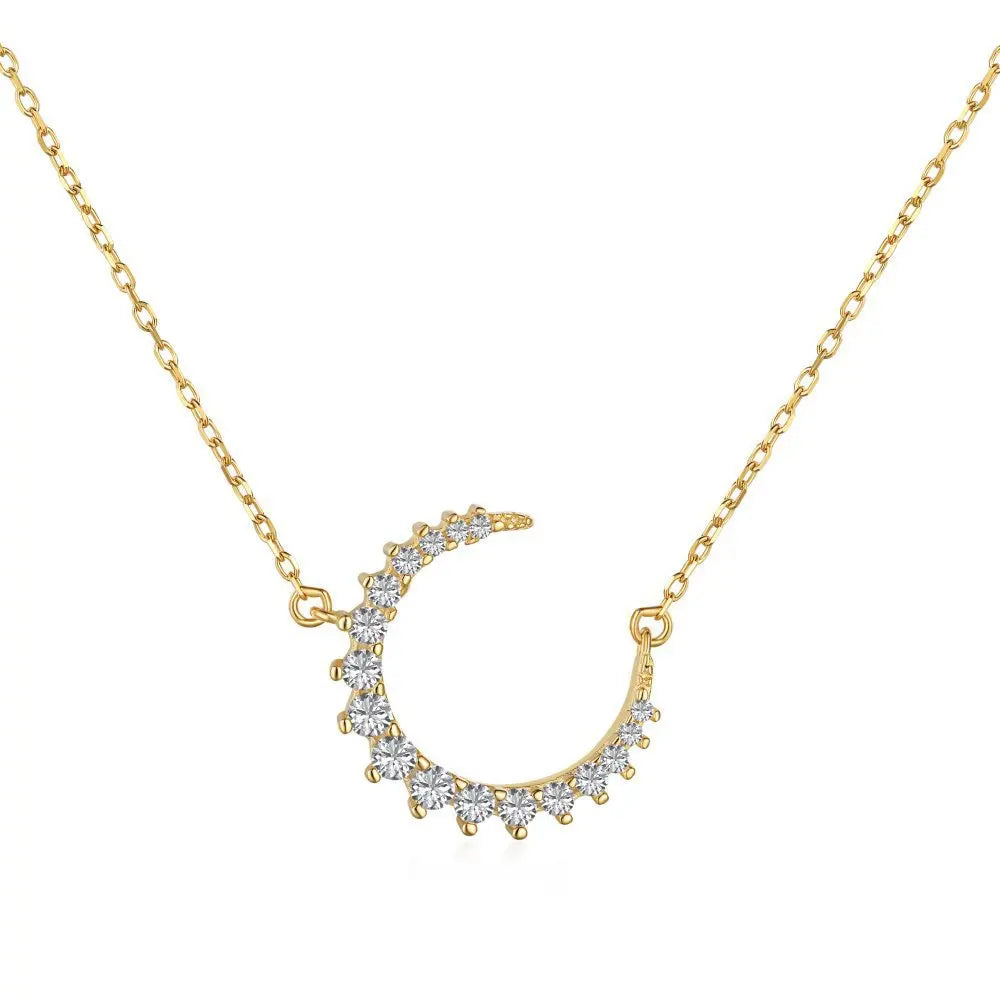 Korean Style 925 Sterling Silver Half Moon Necklace Trendy Inlaid Zircon Diamond Moon Pendant Women's Fashion Jewelry