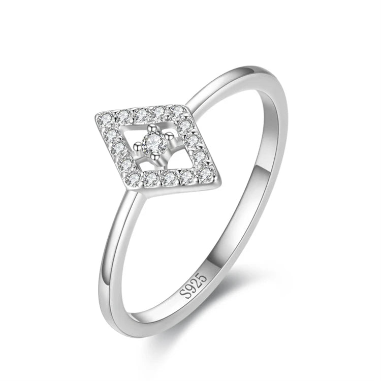 Fine 925 Sterling Silver Micro Inlay CZ Diamond Rhombus Shape Ring for Women