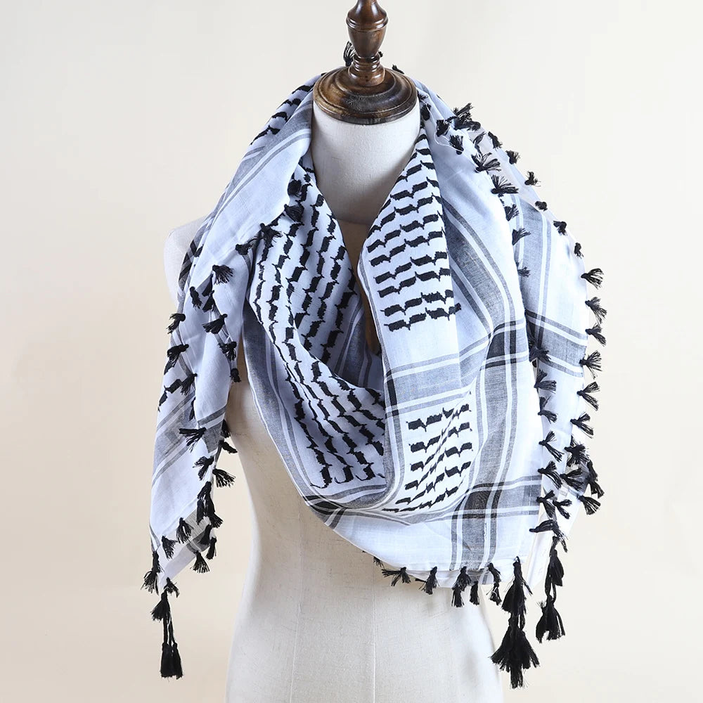 JMFJ10 Black Cotton Canvas Arafat Scarf Men's Yashmagh Shemagh Hijab Palestine with Animal Pattern Tassel Inspired by Arab Style