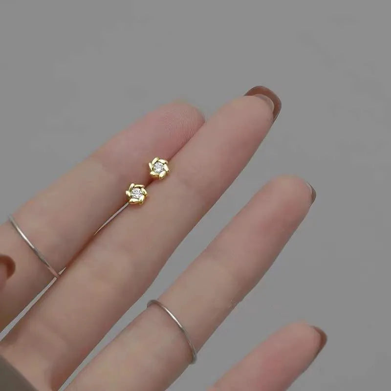Delicate Cute 14K Gold Plated Pure 925 Sterling Silver Simple Zircon Mini Flower Shape Stud Earrings for Women Girls