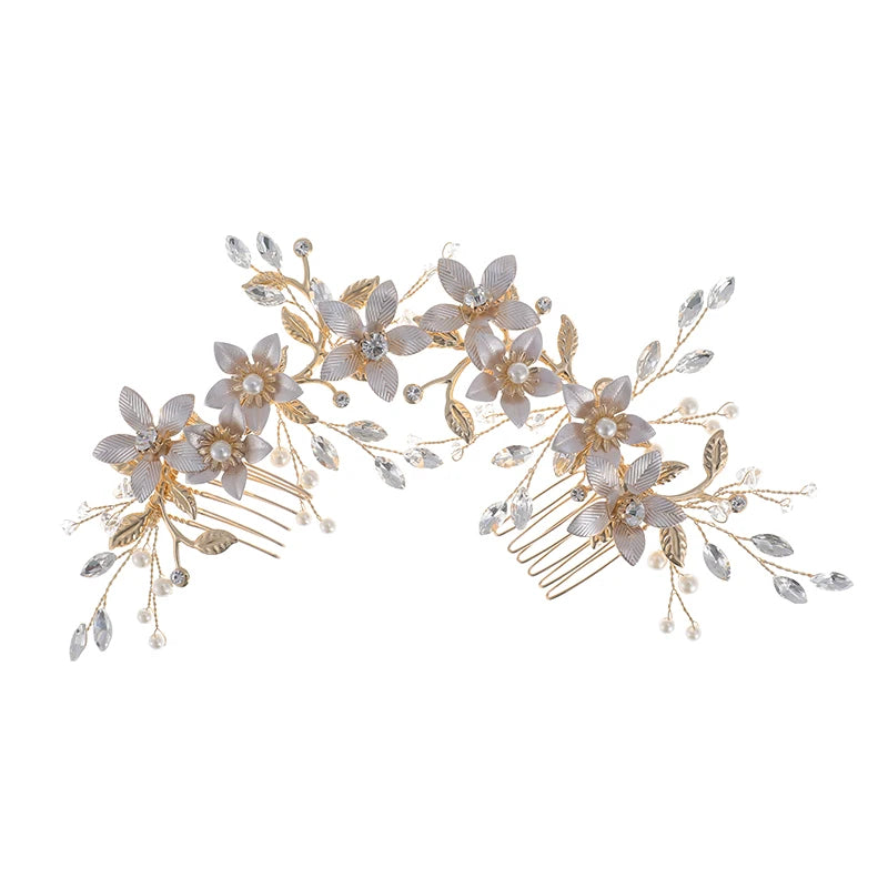 Wholesale Women Hair Accessories KC Gold Alloy Flower Leaves Wedding Hair Comb Crystal Pearl Bridesmaid Hair Side Combs
