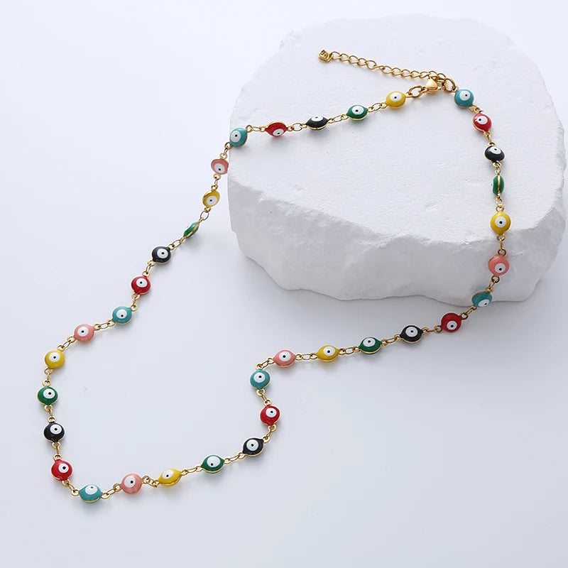 Tarnish Free Waterproof Fashion Jewelry 18k Gold Plated Stainless Steel Evil Eye Beads Necklace