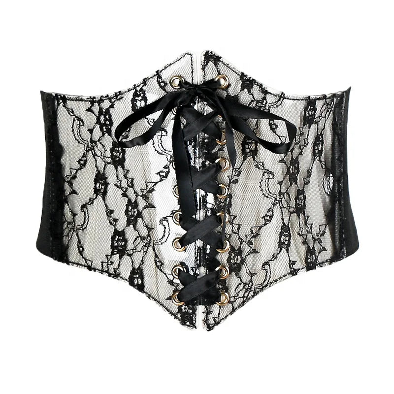 Alloy Buckle Decorative Wide Elastic Stretch Belt New Lace Ladies Black Waistband Dress Accessory