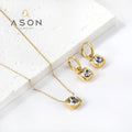 Ason Fashion Hot Selling Gold Plating square Zircon Crystal Vintage Necklace Hoop Earrings Stainless Steel Jewelry Set for Women