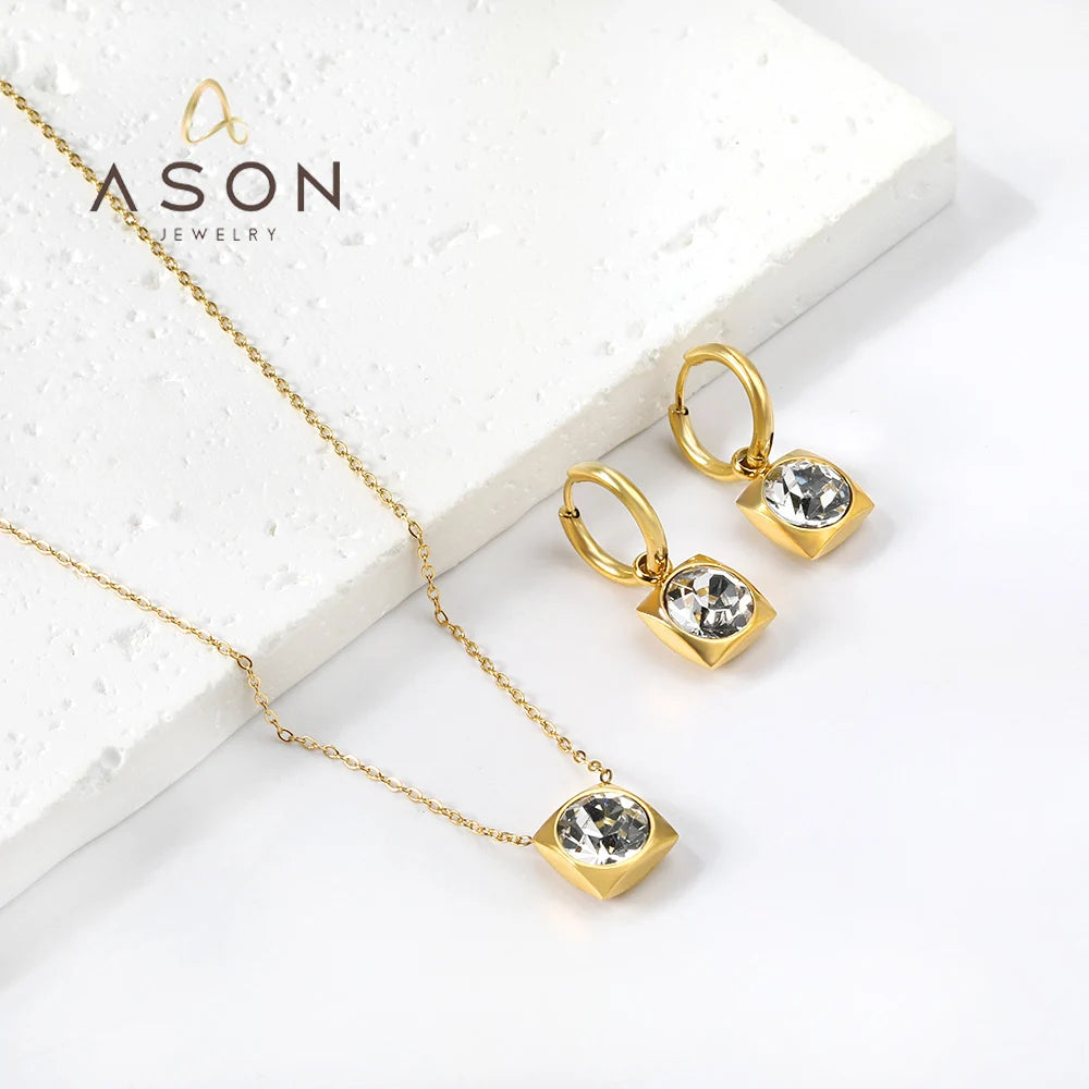 Ason Fashion Hot Selling Gold Plating square Zircon Crystal Vintage Necklace Hoop Earrings Stainless Steel Jewelry Set for Women
