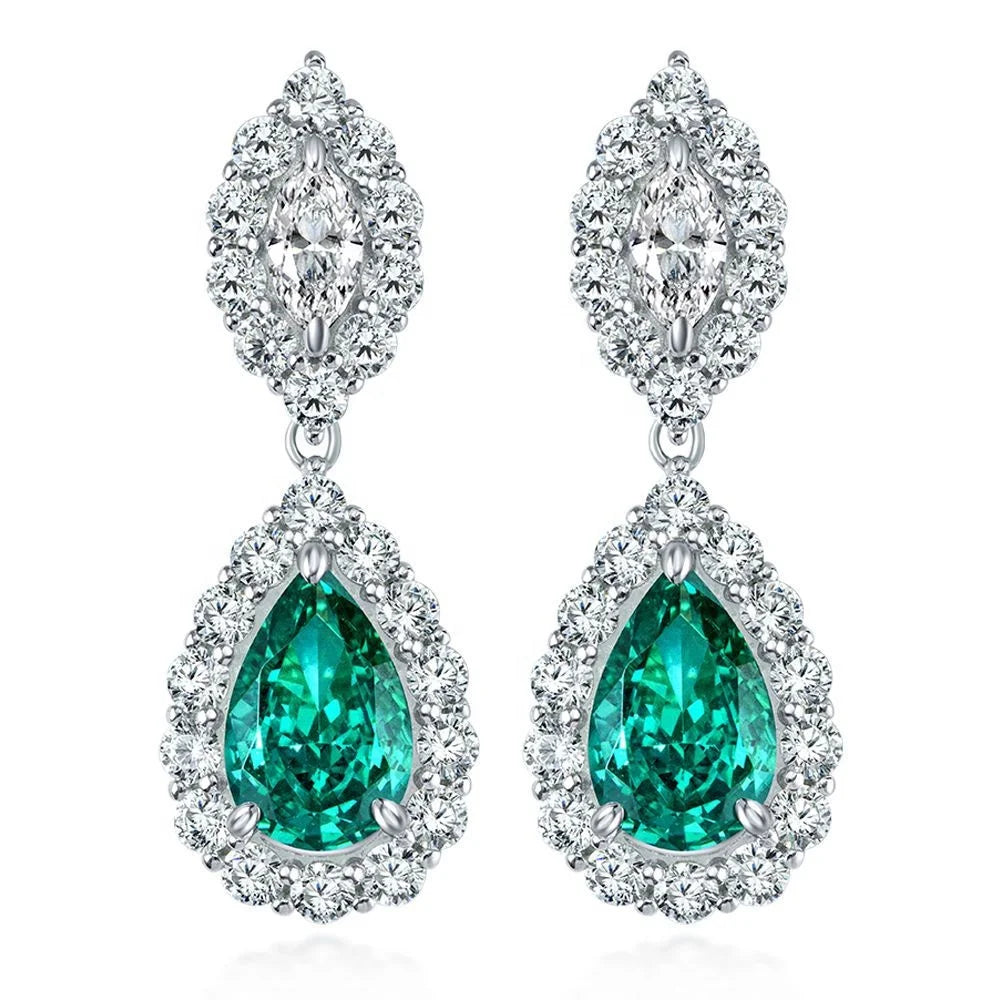 High Fashion 925 Sterling Silver Jewelry 7*11MM Pear Iced Cut Synthetic Paraiba Tourmaline Gemstone Halo Drop Earrings