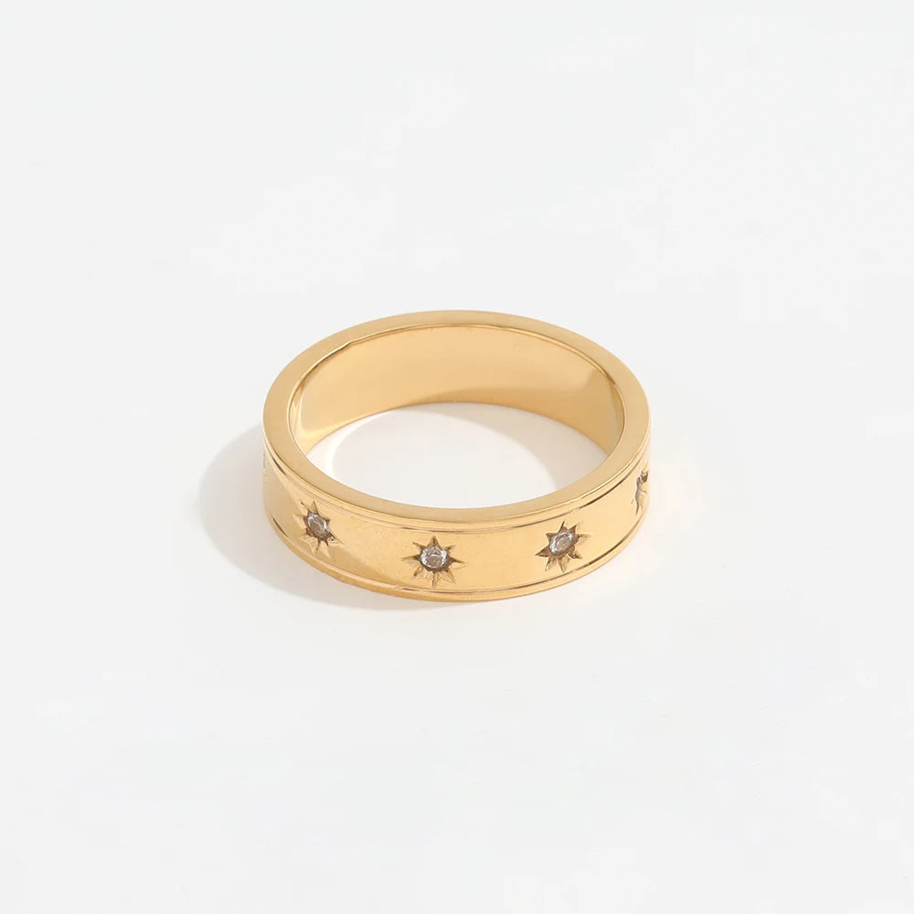 Joolim Jewelry Wholesale 18K Gold Plated Zirconia Star Surround Stainless Steel Band  Ring for Women Jewelry