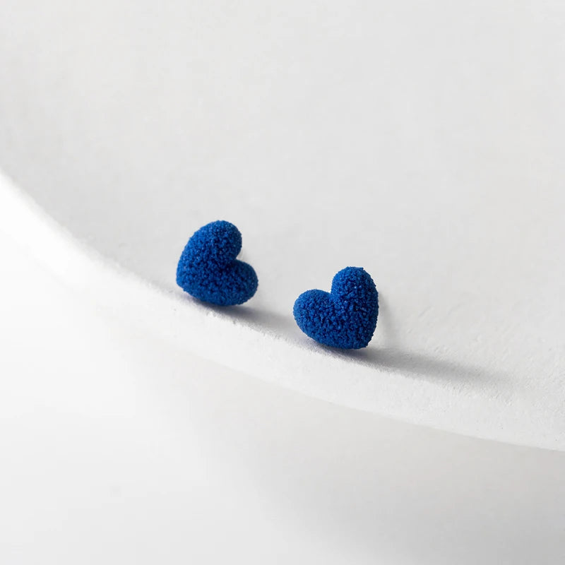 925 Sterling Silver Ceramic Klein Blue Brushed Heart Stud Earrings for Women Fashion Party Wedding Jewelry