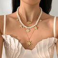 Boho Style Fashion Pearl Beaded Necklace Summer Starfish Shell Pendant Necklace for Women