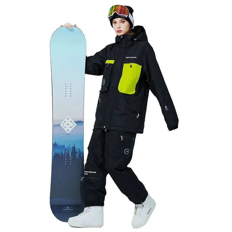 Outdoor Sports 2-Piece Ski Suit Set Waterproof Jacket with Hood and Pants Windproof Snowboarding and Ski Wear