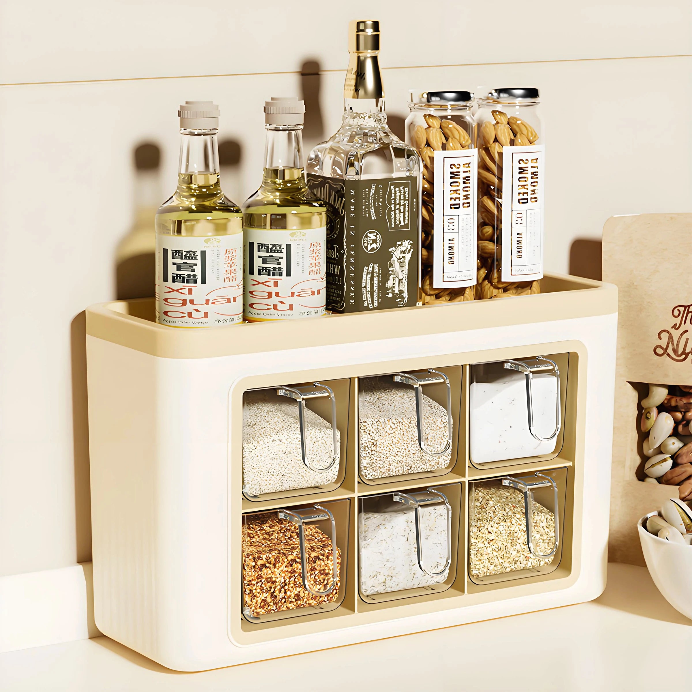 Wholesale Modern European Style 6-Compartment Plastic Spice Box Dual-Use Stand Wall-Mounted Food Storage Container Hot Sale