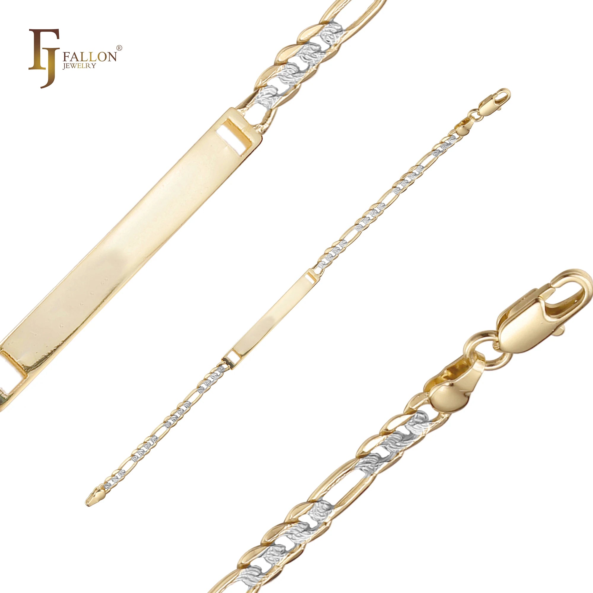 7mm FJ Fallon Fashion Jewelry Figaro Link Ripple Hammered ID Bracelets 14K Gold Two Tone Plated Brass Based