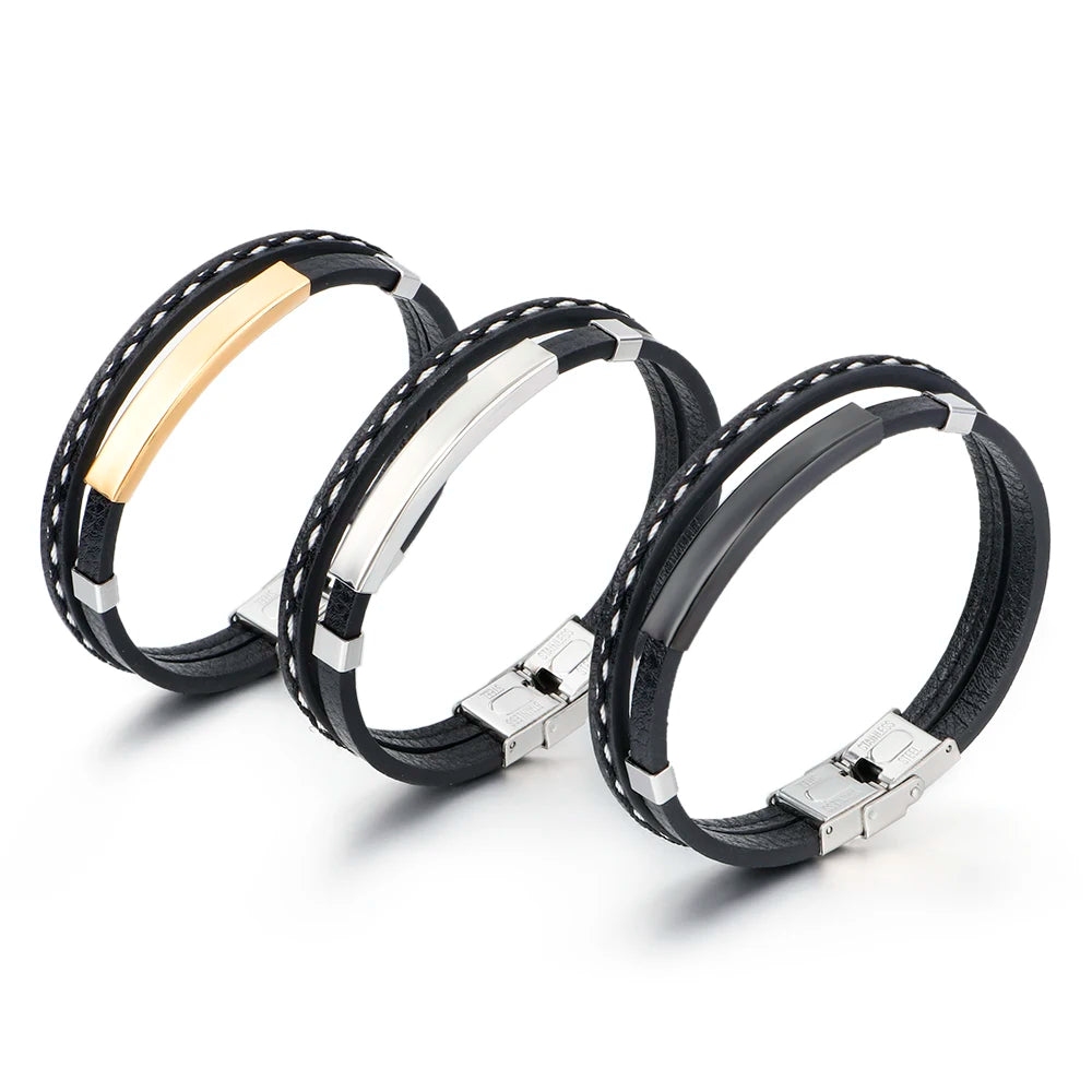 Custom Engraved Men's Leather Bracelet Multi-Layer Braided Leather Beaded Bangle Stainless Steel ID Bar Personalized Jewelry MegaBDM