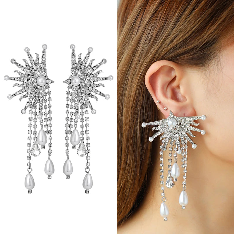 Bulk Women's Vintage Zinc Alloy Pendant Earring Tassel Design Silver Plated Crystal Rhinestone GRS Certified Luxury Jewelry