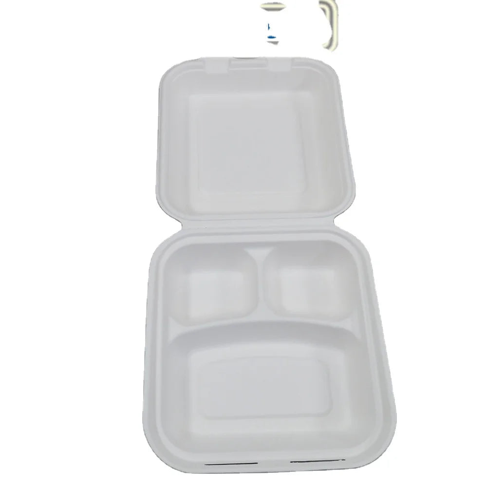 9 Inch Compostable Disposable Sugarcane Bagasse Clamshell Lunch Box with Lid Microwave Safe