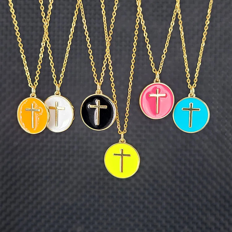 NM1206 18k Gold Plated Rainbow Enamel Multicolor Cross on Disc Round Pendant Stainless Steel Chain Necklace