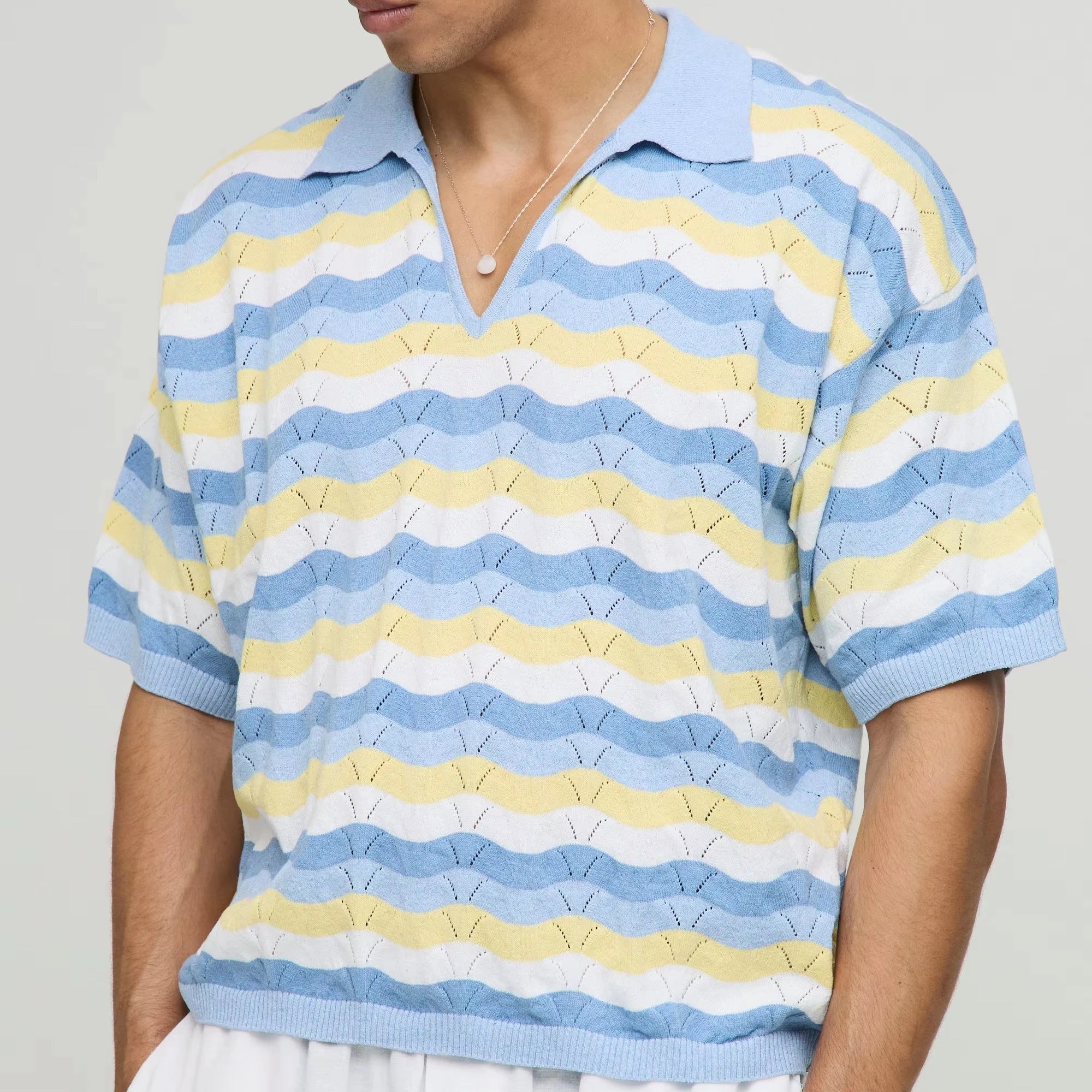Custom Design Logo Summer Casual Fashion Short Sleeve Tshirts Knitwear Striped  Knitted Crochet T-shirt Men Polo Shirts