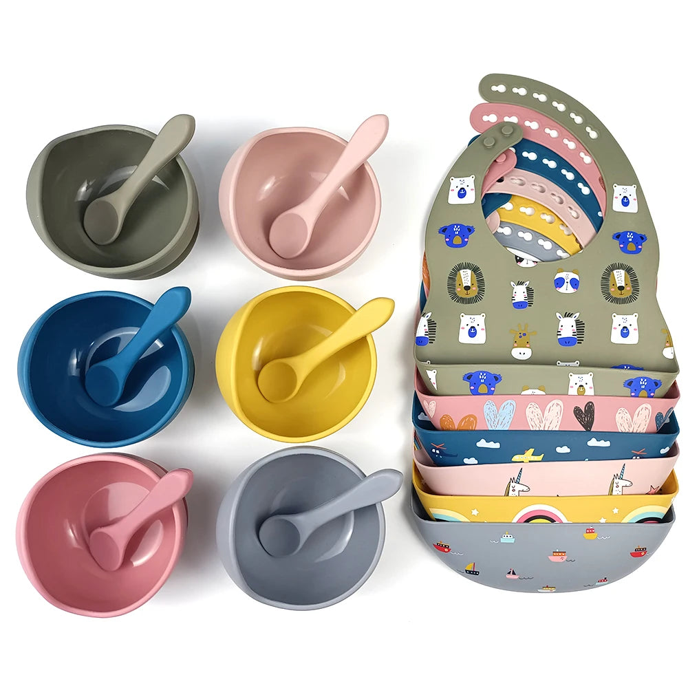 RTS Silicone Bowl With Spoon Waterproof Bib Silicon Bebe Suction Bowl Food Grade Babero Split Plate