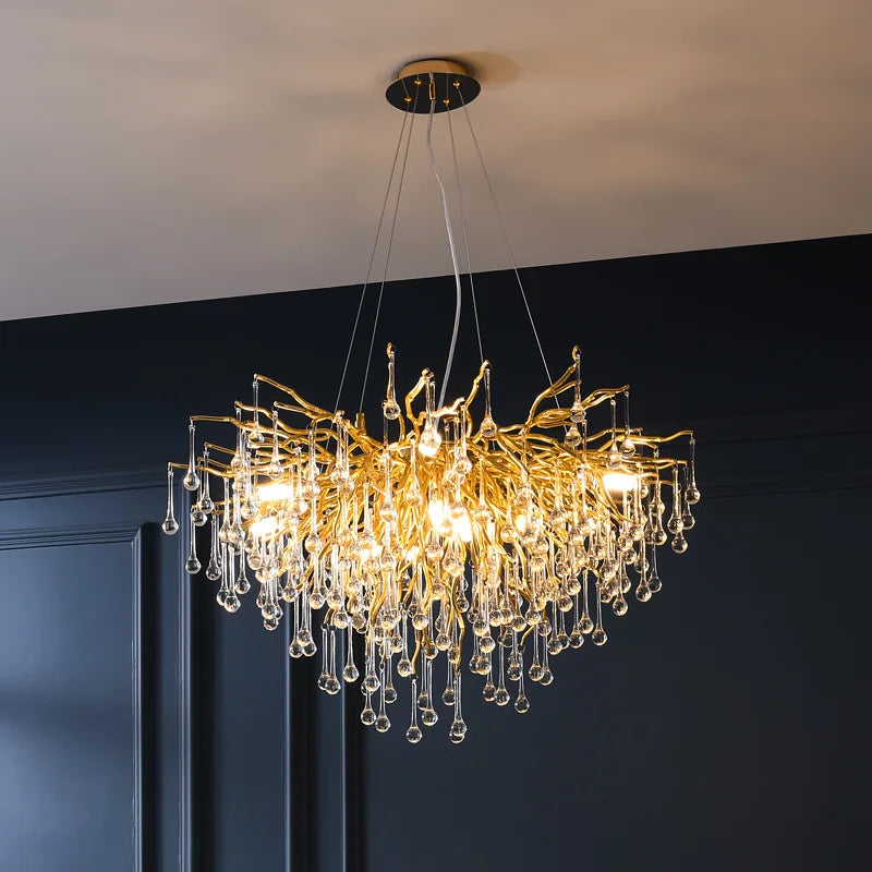 Luxury Decorative Glass Indoor Lighting Gold Water Drop Crystal Creative  Chandelier