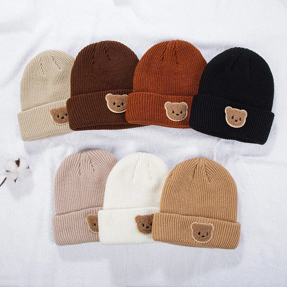 Custom Logo Children Acrylic Knitted Beanie Hats With Cute Bear Embroidery Winter Warm Thick Hat Caps for Kids