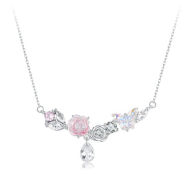 925 Sterling Silver Romantic Flower Necklace Fantasy Butterfly Neck Chain for Women Valentine's Day Fine Jewelry Gift SCN521