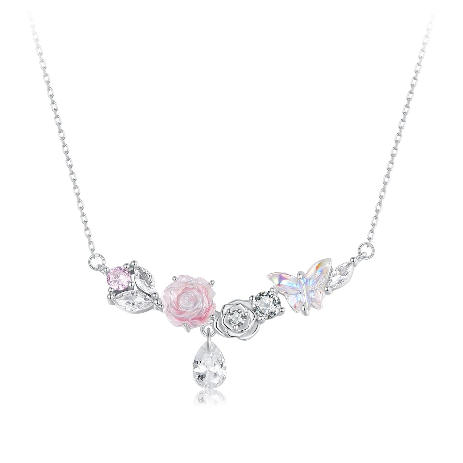 925 Sterling Silver Romantic Flower Necklace Fantasy Butterfly Neck Chain for Women Valentine's Day Fine Jewelry Gift SCN521
