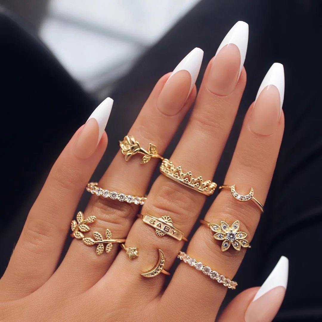 9pcs/set Boho Vintage Gold Star Midi Moon Rings Set for Women Crystal Midi Finger Ring Female Bohemian Ring