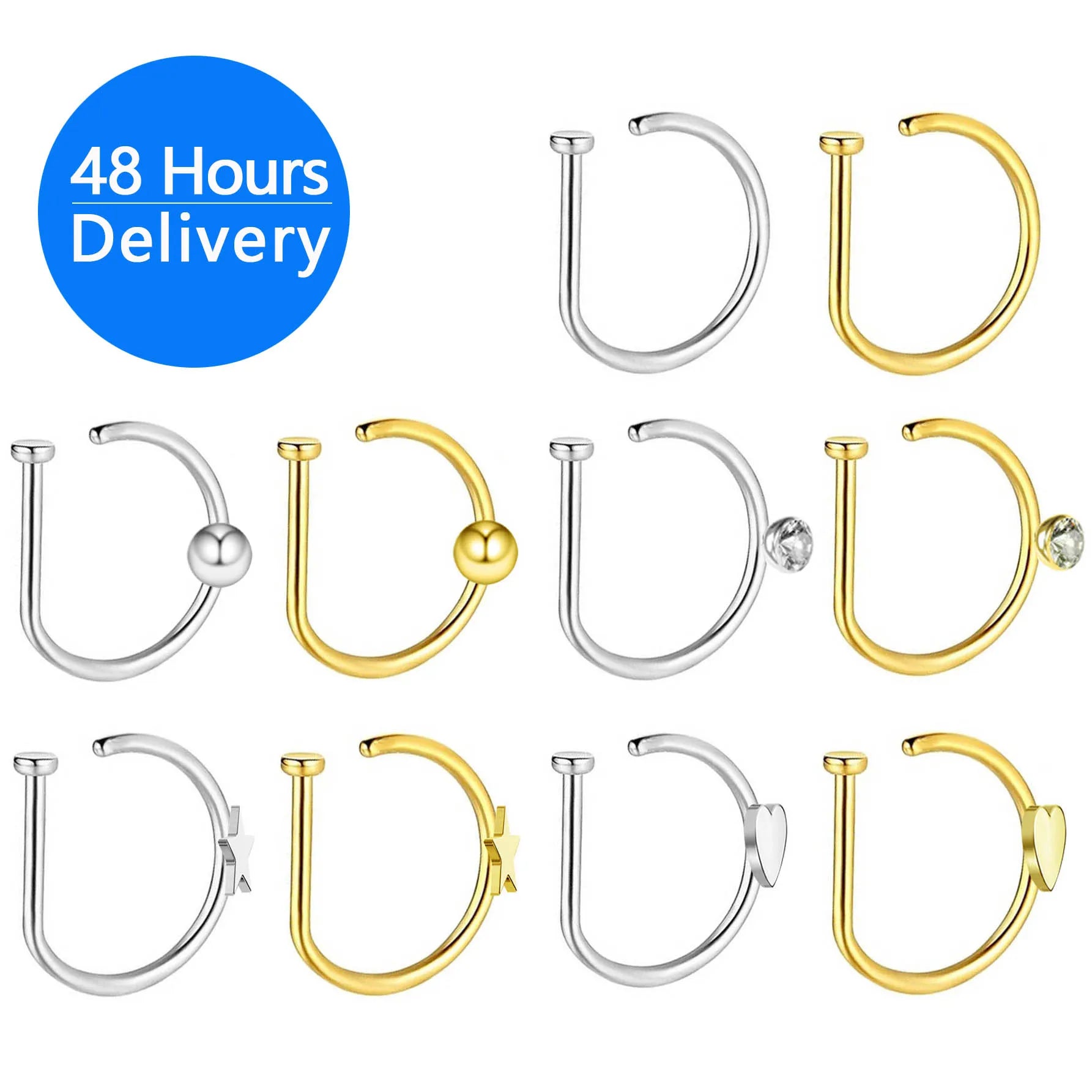 D Shape Nose Ring 316L Stainless Steel Fake Nose Hoop Plain Star Heart Ball Design No Piercing Nose Jewelry