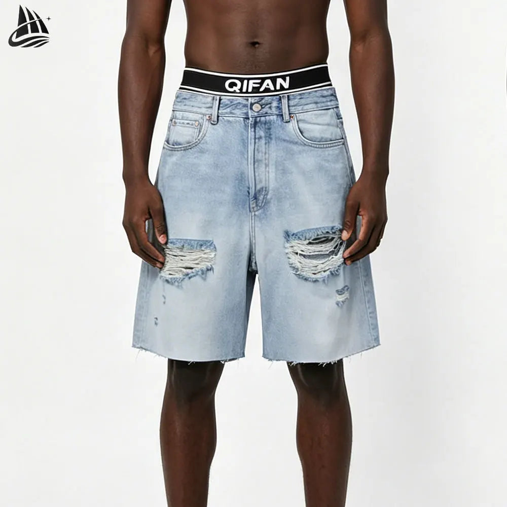 Custom Oversized Ripped Distressed Jeans Denim Shorts for Men